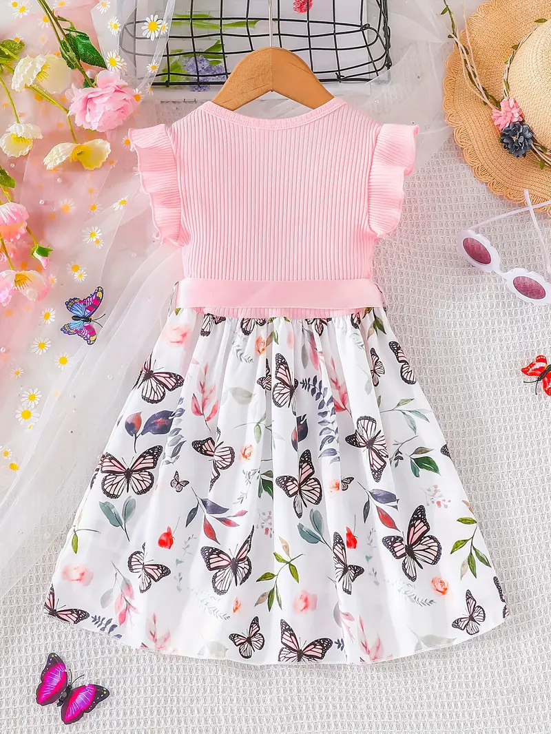 Girls Splicing Flutter Trim Butterfly Graphic Dress Elegant Dresses For Party