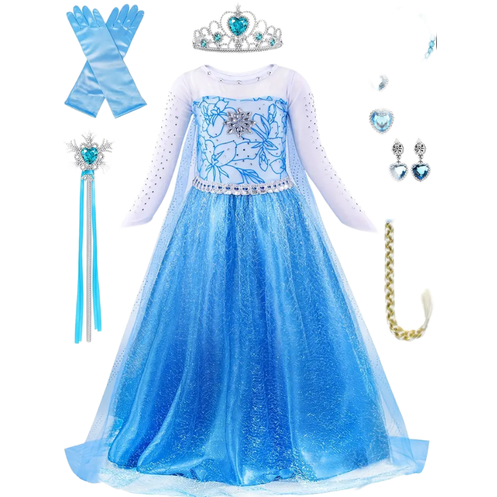 Princess Dress Up Costumes For Little Girls Birthday Party with Wig, Crown, Mace, Gloves Accessories 3-10 Years