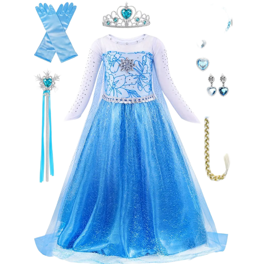 Princess Dress Up Costumes For Little Girls Birthday Party with Wig, Crown, Mace, Gloves Accessories 3-10 Years